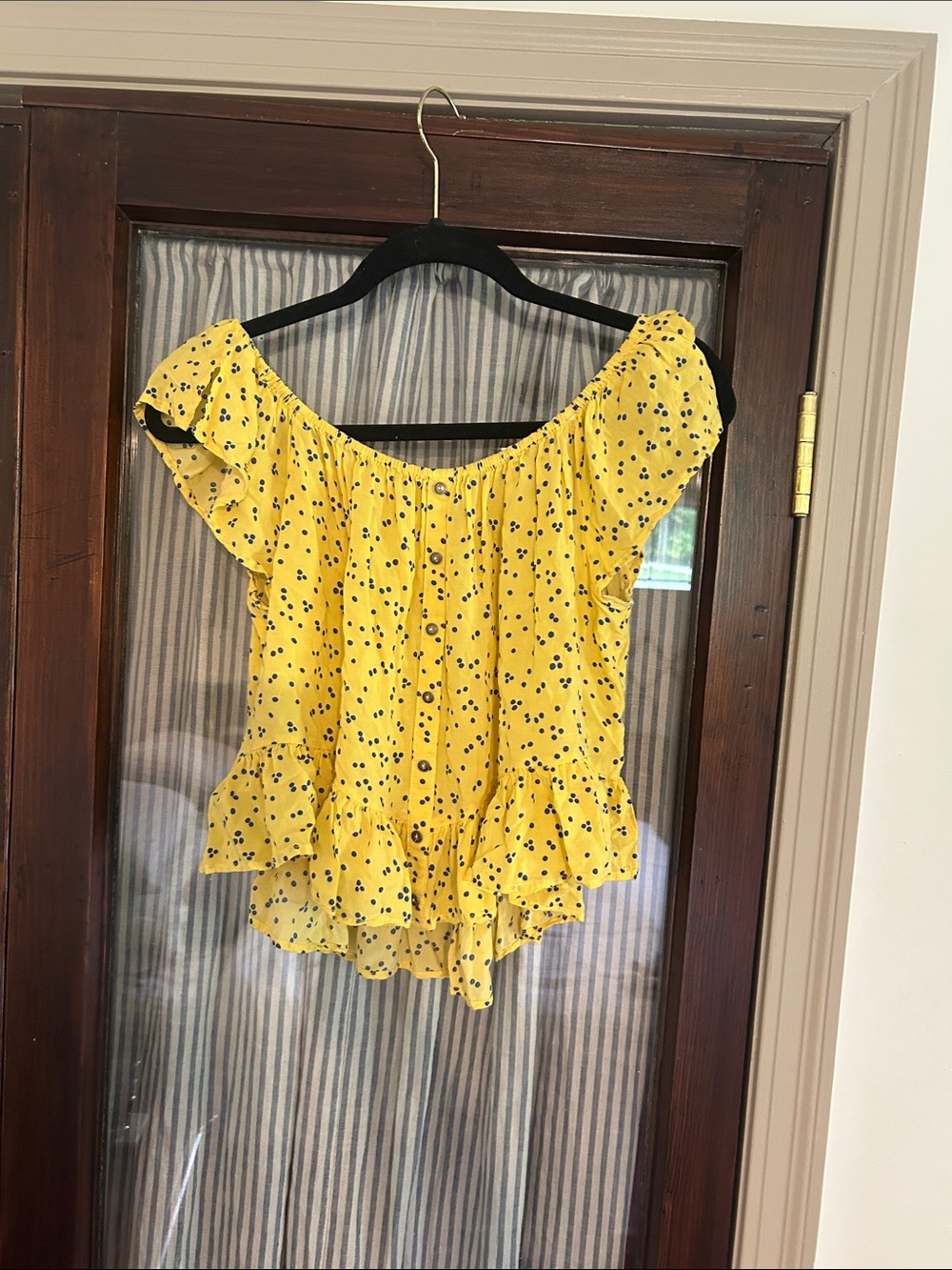 En Creme Yellow Off-the-Shoulder Ruffle Peplum Top with Blue Dot Print